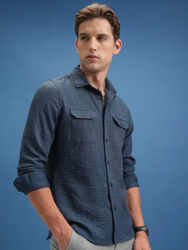  Locomotive Men Navy Blue Self Design Slim Fit Casual Shirts