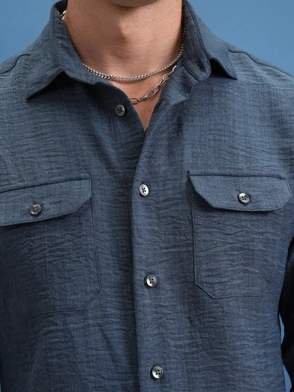  Locomotive Men Navy Blue Self Design Slim Fit Casual Shirts