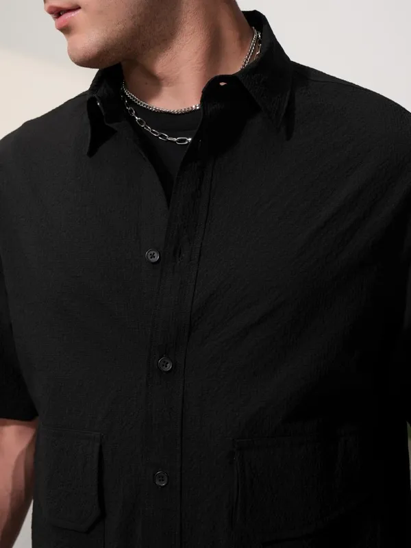  Locomotive Men Black Self Design Oversized Fit Casual Shirts