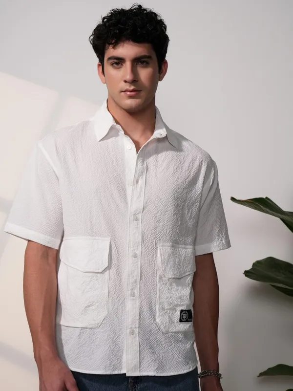  Locomotive Men White Self Design Oversized Fit Casual Shirts