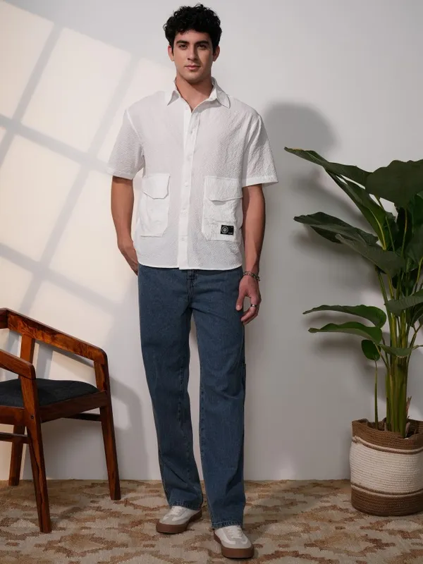  Locomotive Men White Self Design Oversized Fit Casual Shirts