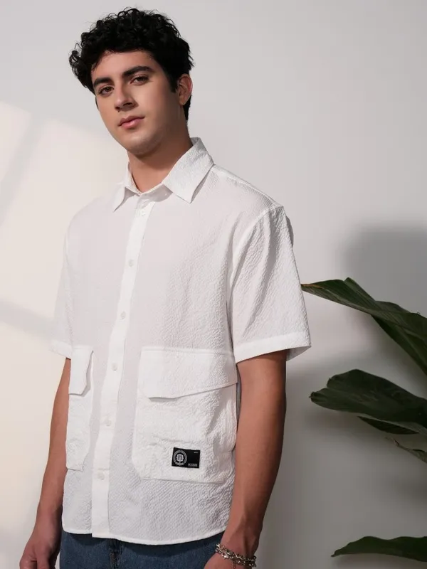  Locomotive Men White Self Design Oversized Fit Casual Shirts