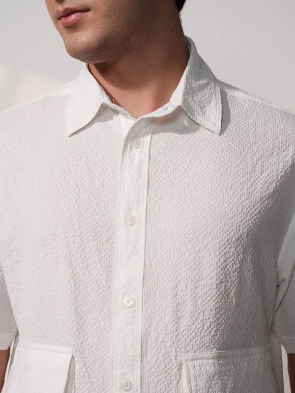  Locomotive Men White Self Design Oversized Fit Casual Shirts