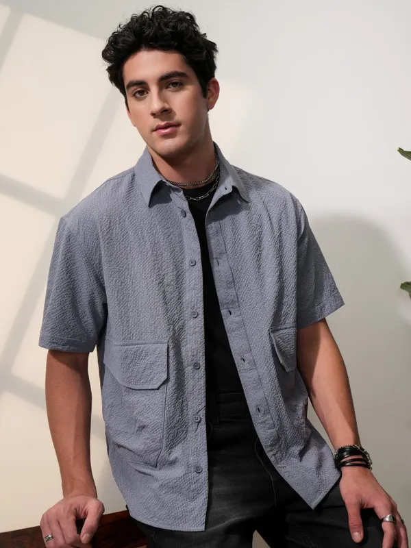  Locomotive Men Grey Self Design Oversized Fit Casual Shirts