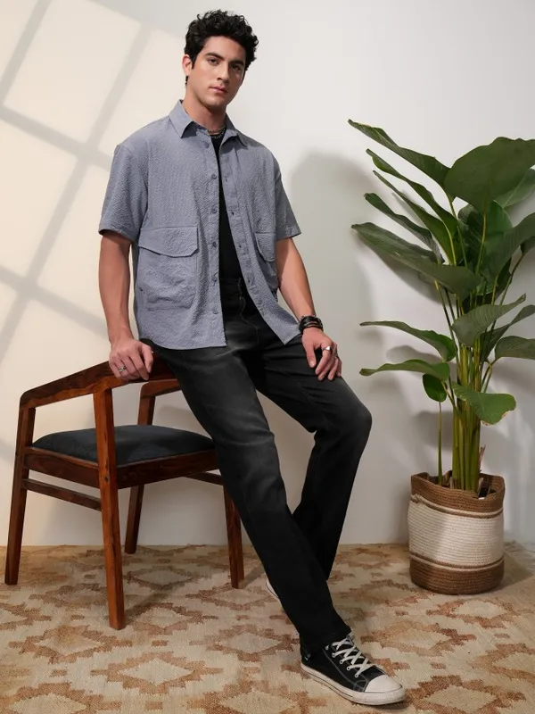 Locomotive Men Grey Self Design Oversized Fit Casual Shirts