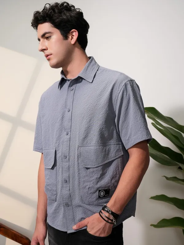  Locomotive Men Grey Self Design Oversized Fit Casual Shirts