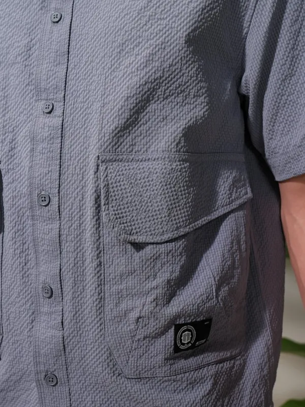  Locomotive Men Grey Self Design Oversized Fit Casual Shirts