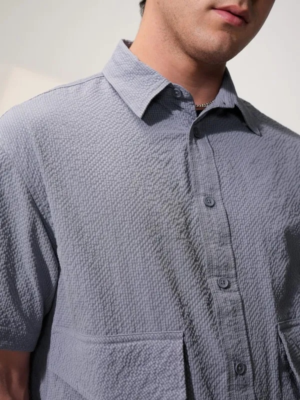  Locomotive Men Grey Self Design Oversized Fit Casual Shirts