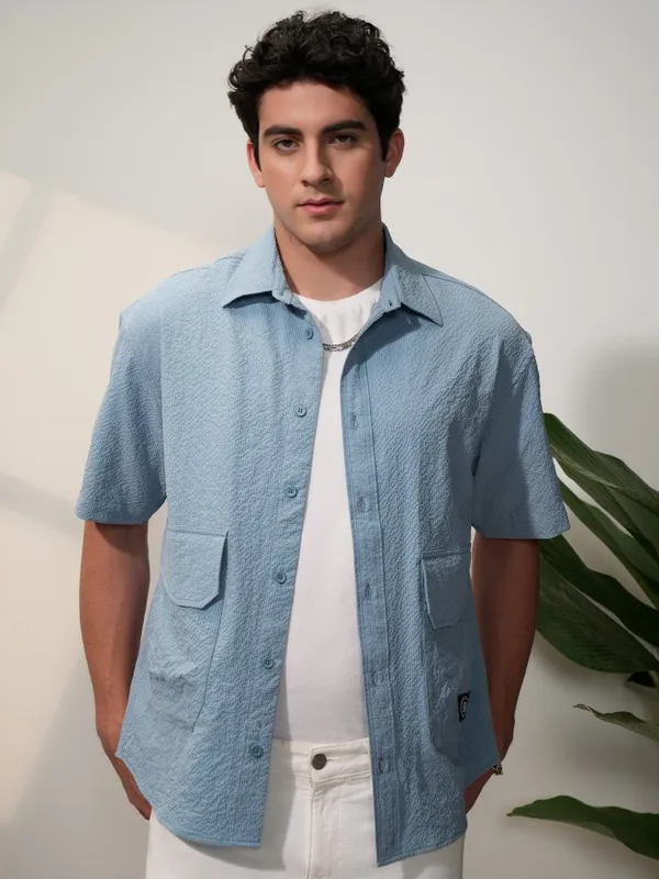  Locomotive Men Blue Self Design Oversized Fit Casual Shirts