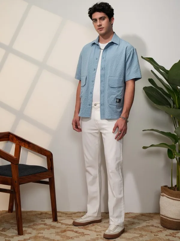  Locomotive Men Blue Self Design Oversized Fit Casual Shirts