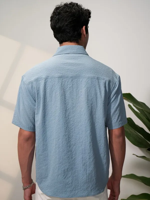  Locomotive Men Blue Self Design Oversized Fit Casual Shirts