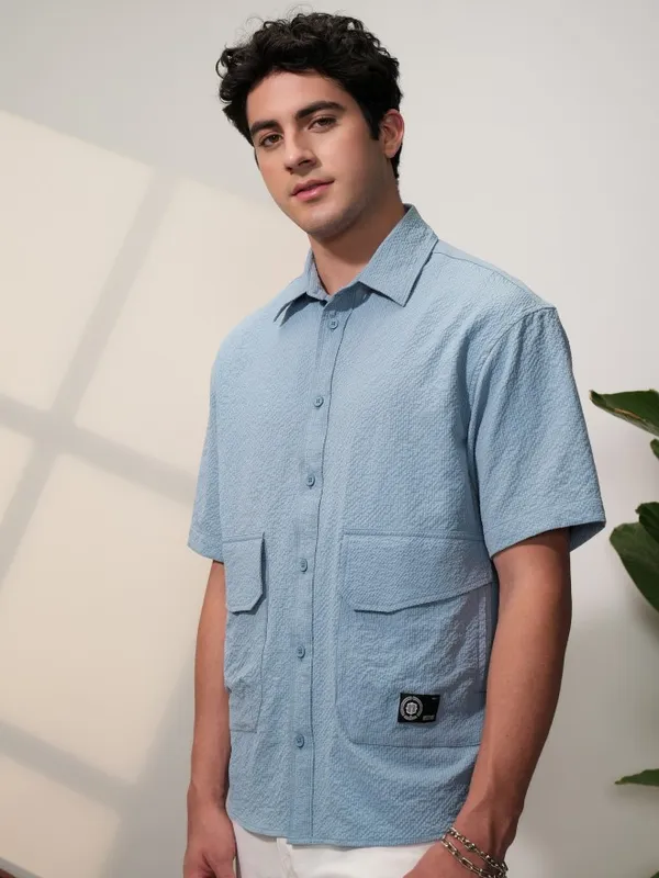  Locomotive Men Blue Self Design Oversized Fit Casual Shirts