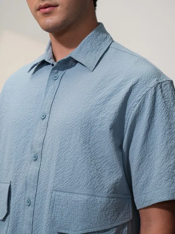  Locomotive Men Blue Self Design Oversized Fit Casual Shirts