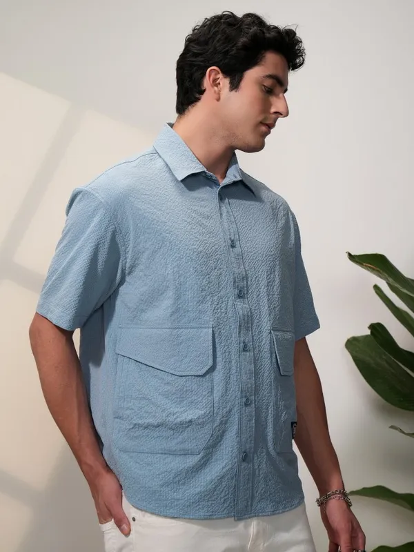  Locomotive Men Blue Self Design Oversized Fit Casual Shirts