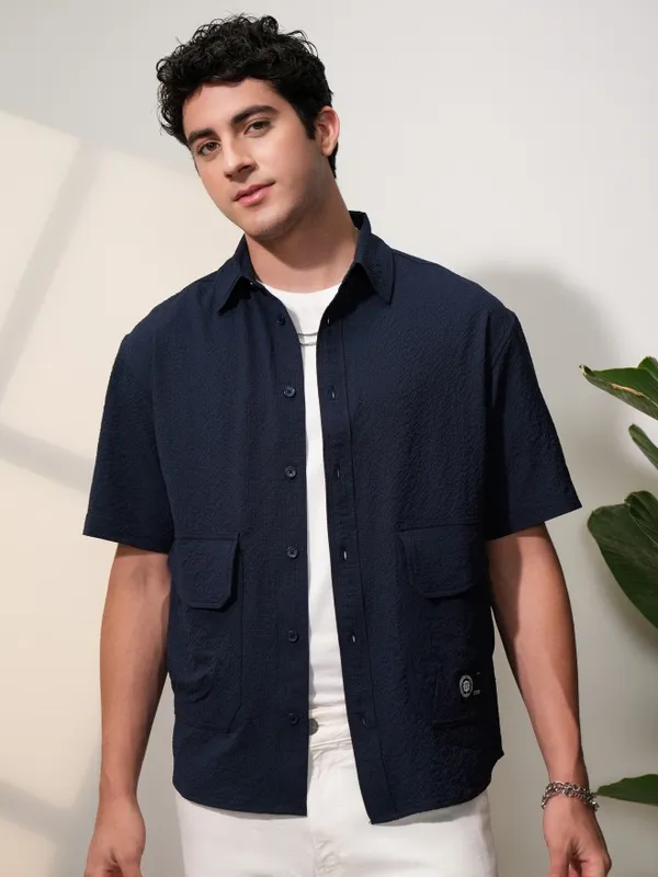  Locomotive Men Navy Blue Self Design Oversized Fit Casual Shirts