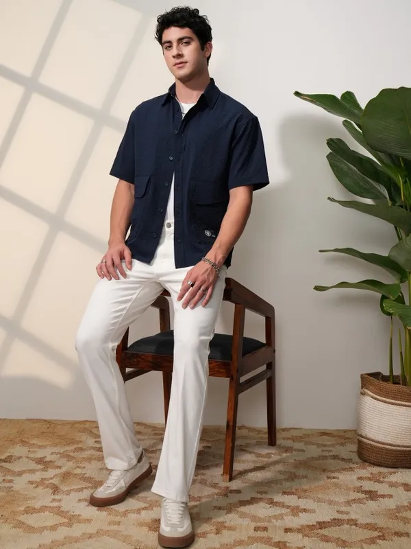  Locomotive Men Navy Blue Self Design Oversized Fit Casual Shirts