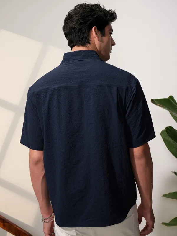  Locomotive Men Navy Blue Self Design Oversized Fit Casual Shirts