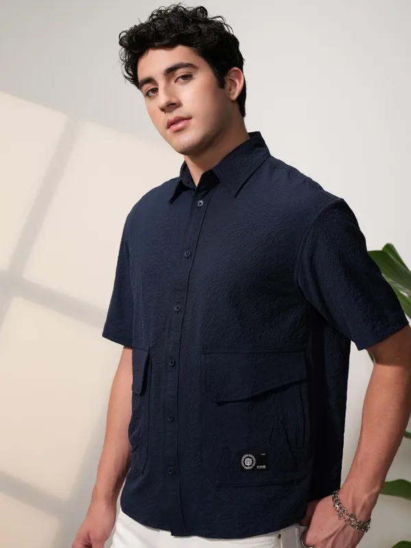  Locomotive Men Navy Blue Self Design Oversized Fit Casual Shirts