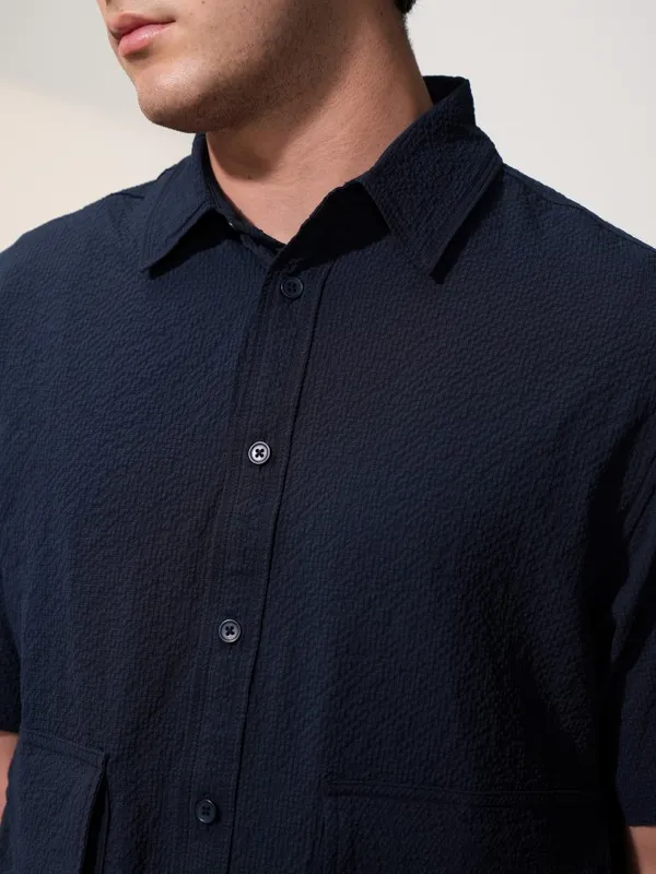  Locomotive Men Navy Blue Self Design Oversized Fit Casual Shirts