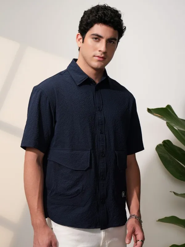  Locomotive Men Navy Blue Self Design Oversized Fit Casual Shirts