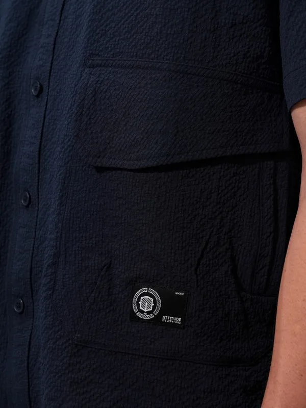  Locomotive Men Navy Blue Self Design Oversized Fit Casual Shirts