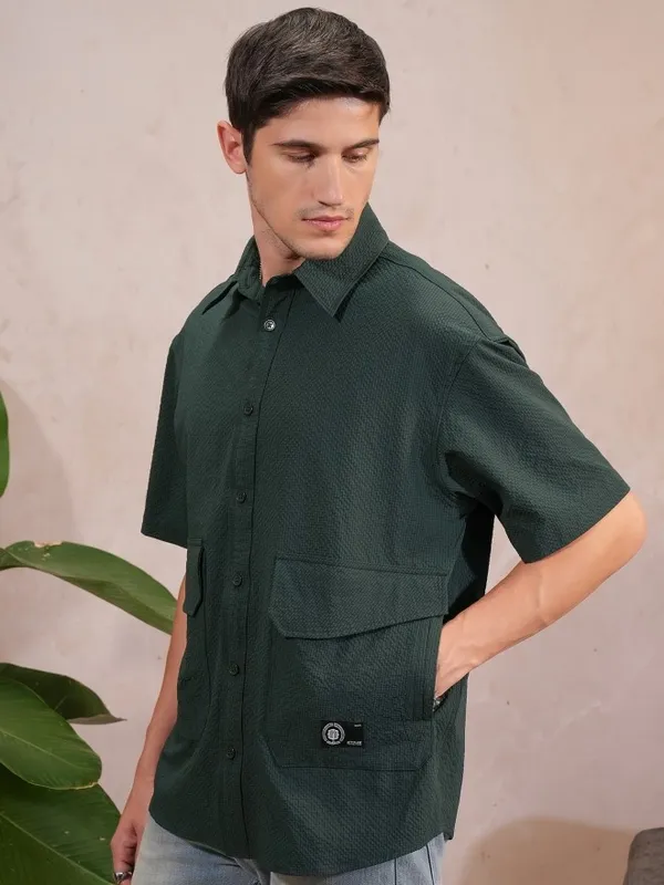 Locomotive Men Green Solid Oversized Fit Casual Shirt