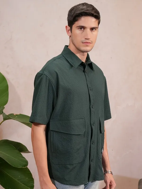 Locomotive Men Green Solid Oversized Fit Casual Shirt