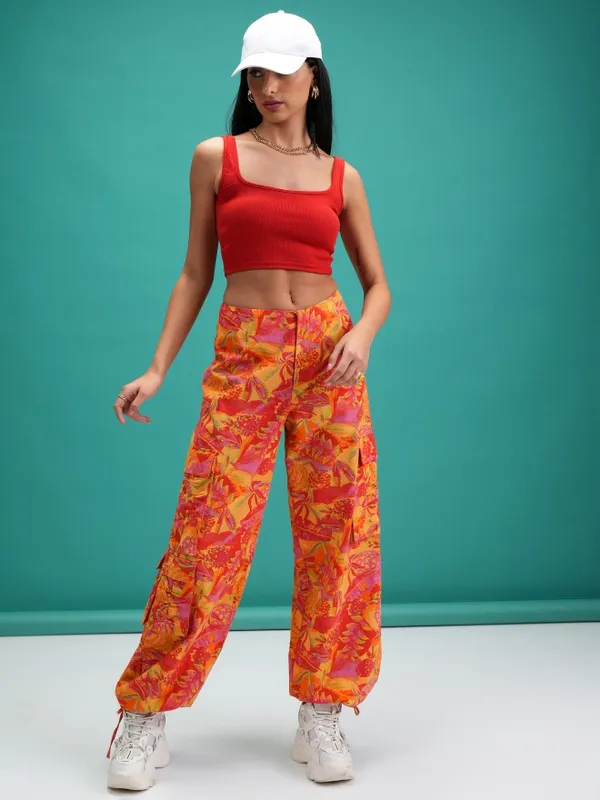 Tokyo Talkies Women Orange Printed Regular Fit Casual Trousers