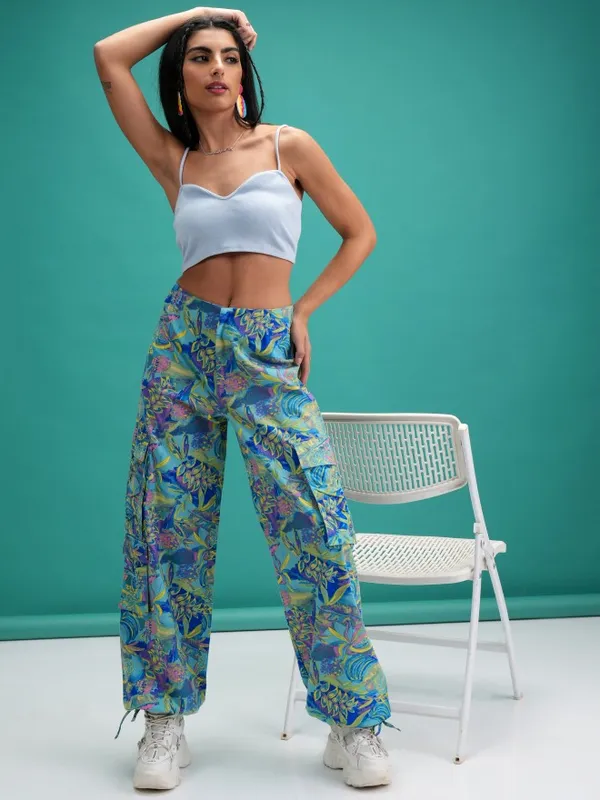  Tokyo Talkies Women Blue Printed Regular Fit Casual Trousers