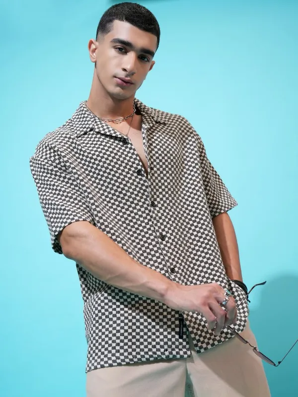  Highlander Men Black Self Design Oversized Fit Casual Shirts