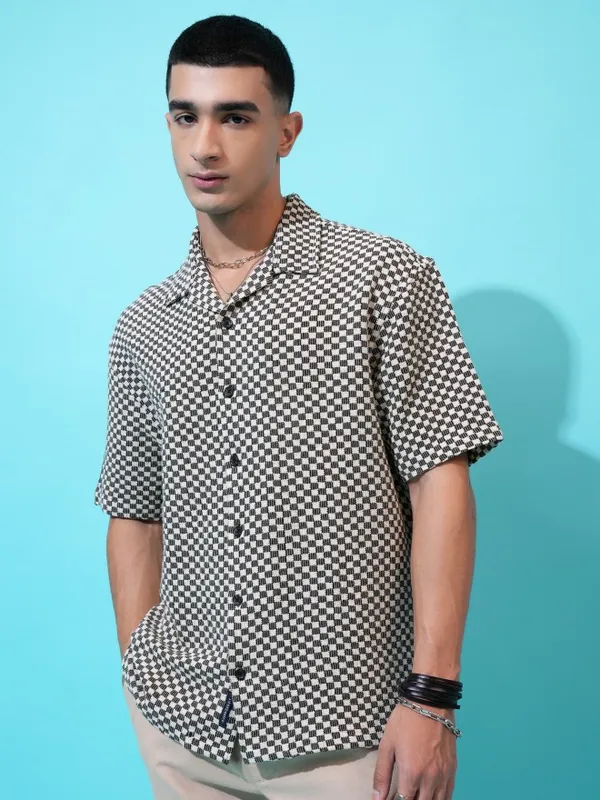  Highlander Men Black Self Design Oversized Fit Casual Shirts