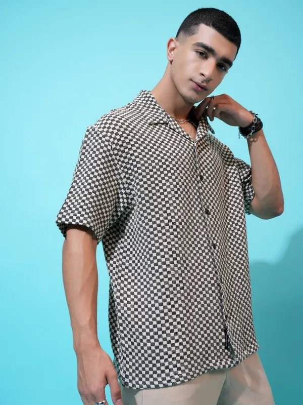  Highlander Men Black Self Design Oversized Fit Casual Shirts