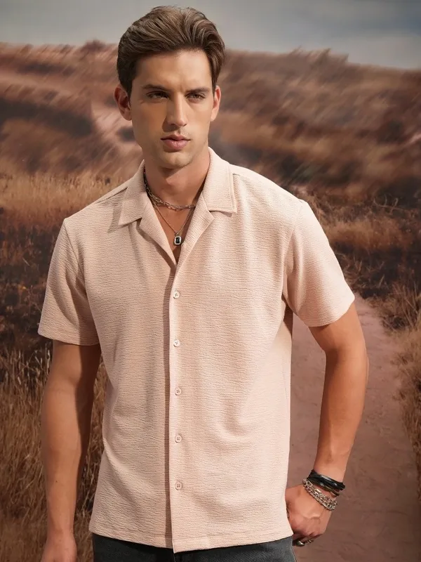  Locomotive Men Peach Self Design Regular Fit Casual Shirts