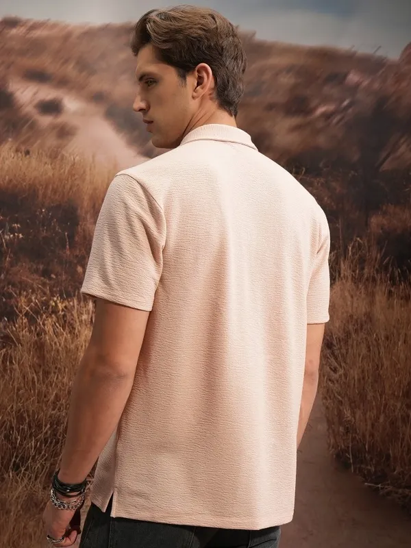  Locomotive Men Peach Self Design Regular Fit Casual Shirts