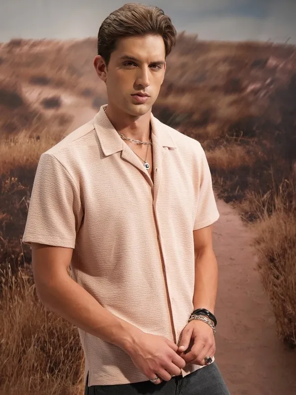  Locomotive Men Peach Self Design Regular Fit Casual Shirts