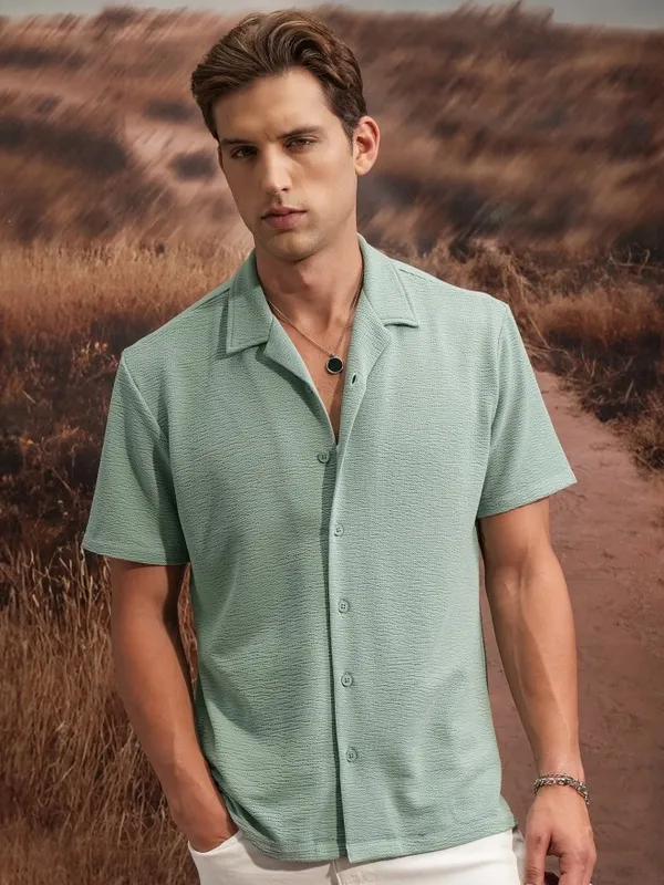  Locomotive Men Green Self Design Regular Fit Casual Shirts