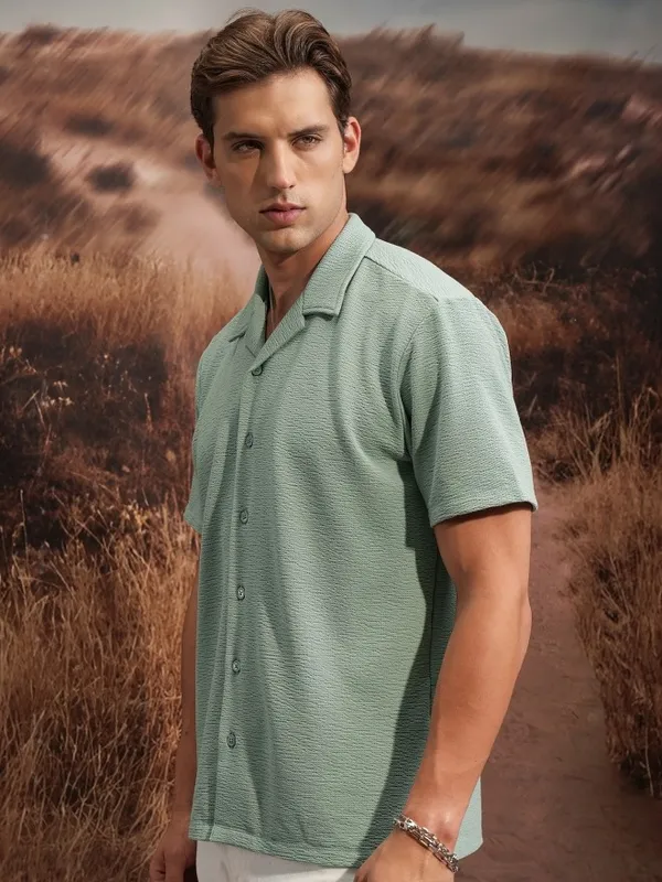  Locomotive Men Green Self Design Regular Fit Casual Shirts