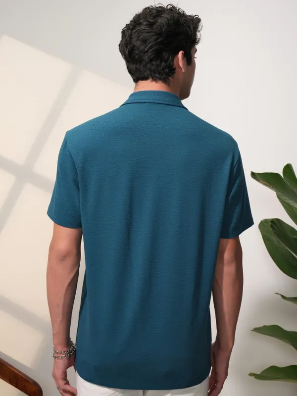  Locomotive Men Teal Self Design Relaxed Fit Casual Shirts