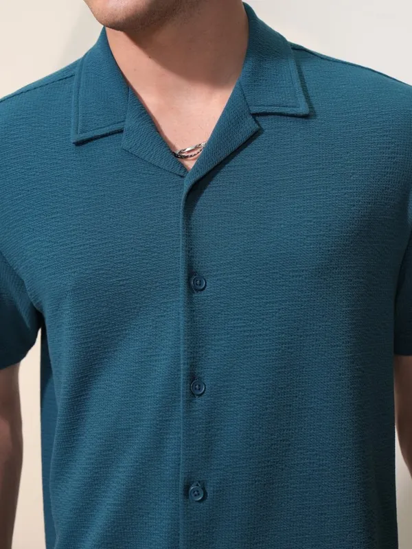  Locomotive Men Teal Self Design Relaxed Fit Casual Shirts