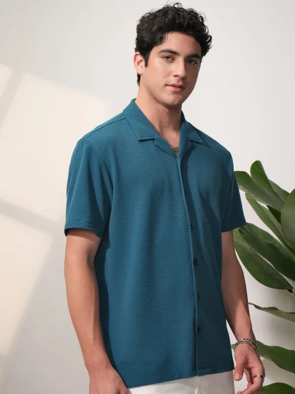  Locomotive Men Teal Self Design Relaxed Fit Casual Shirts