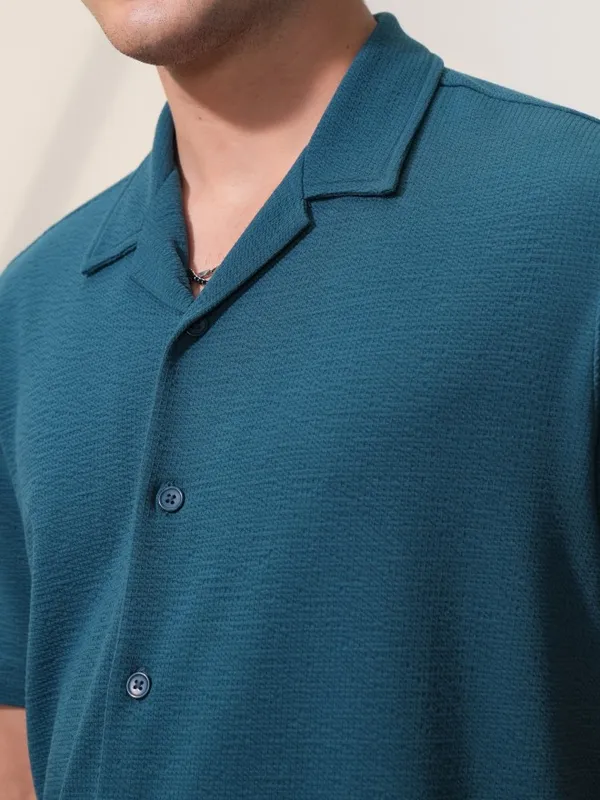  Locomotive Men Teal Self Design Relaxed Fit Casual Shirts