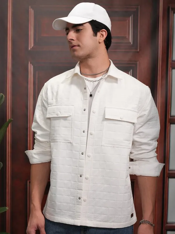 Locomotive Men White Textured Oversized Fit Casual Shirt