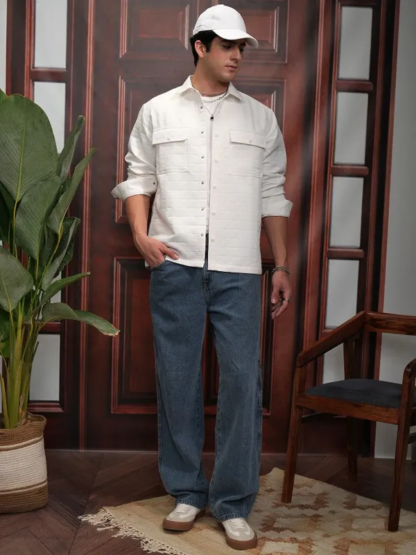 Locomotive Men White Textured Oversized Fit Casual Shirt