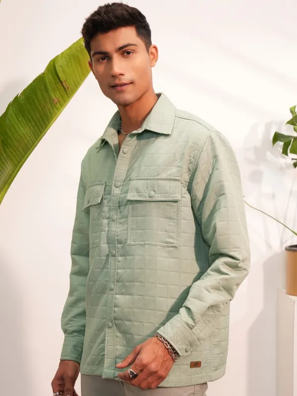  Locomotive Men Olive Self Design Oversized Fit Casual Shirts