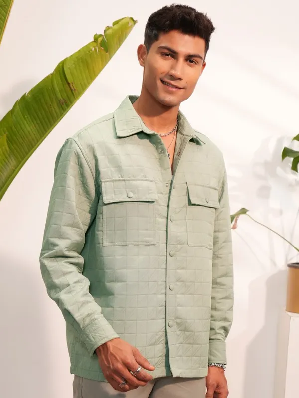  Locomotive Men Olive Self Design Oversized Fit Casual Shirts