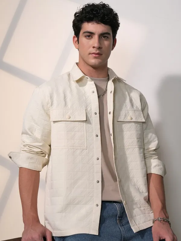 Locomotive Men Cream Self Design Oversized Fit Casual Shirts