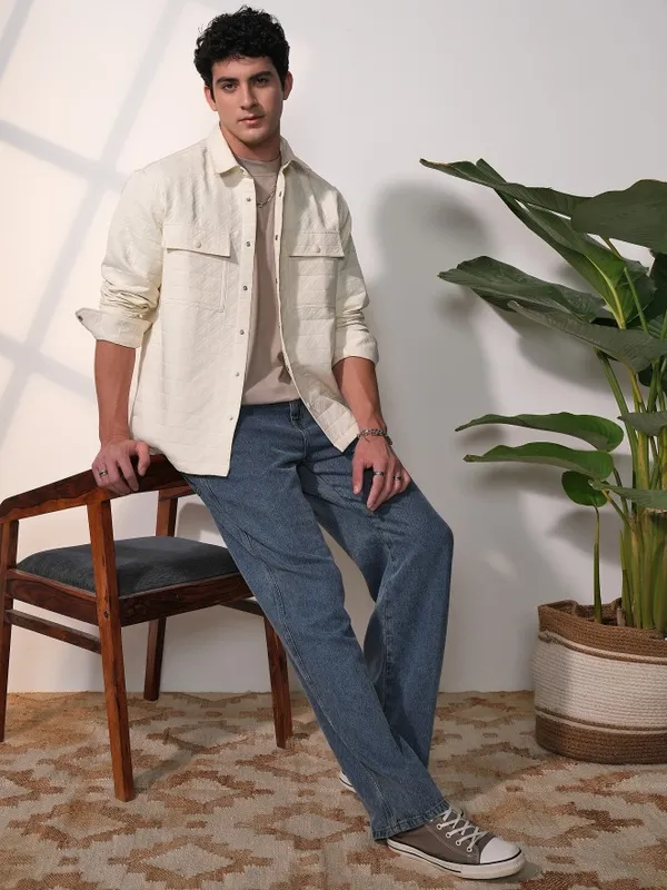  Locomotive Men Cream Self Design Oversized Fit Casual Shirts