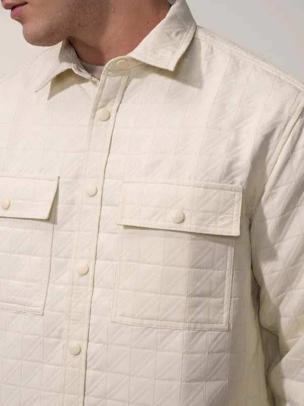  Locomotive Men Cream Self Design Oversized Fit Casual Shirts