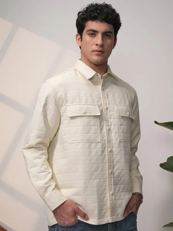  Locomotive Men Cream Self Design Oversized Fit Casual Shirts