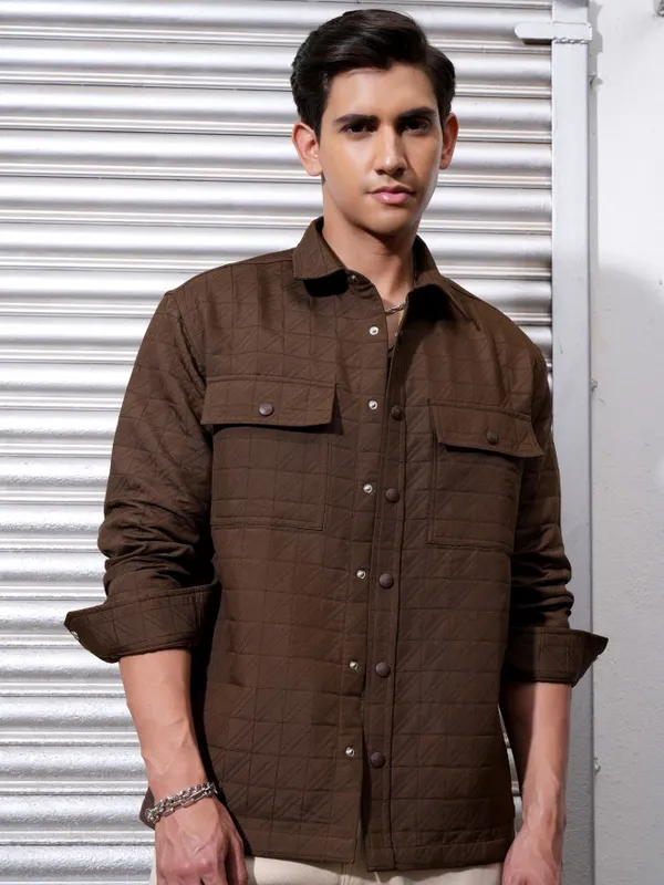 Locomotive Men Brown Textured Oversized Fit Casual Shirt